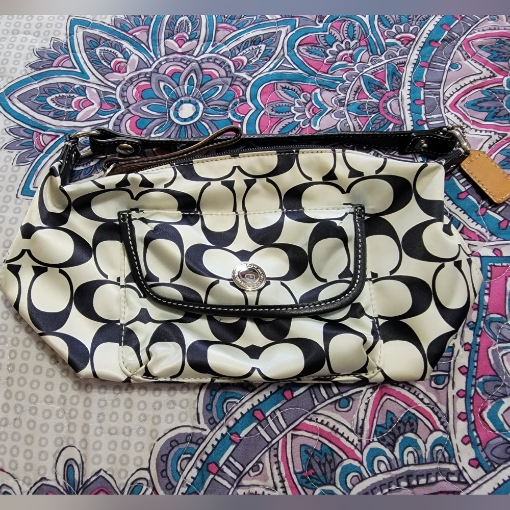 Coach satin signature black and white hand bag